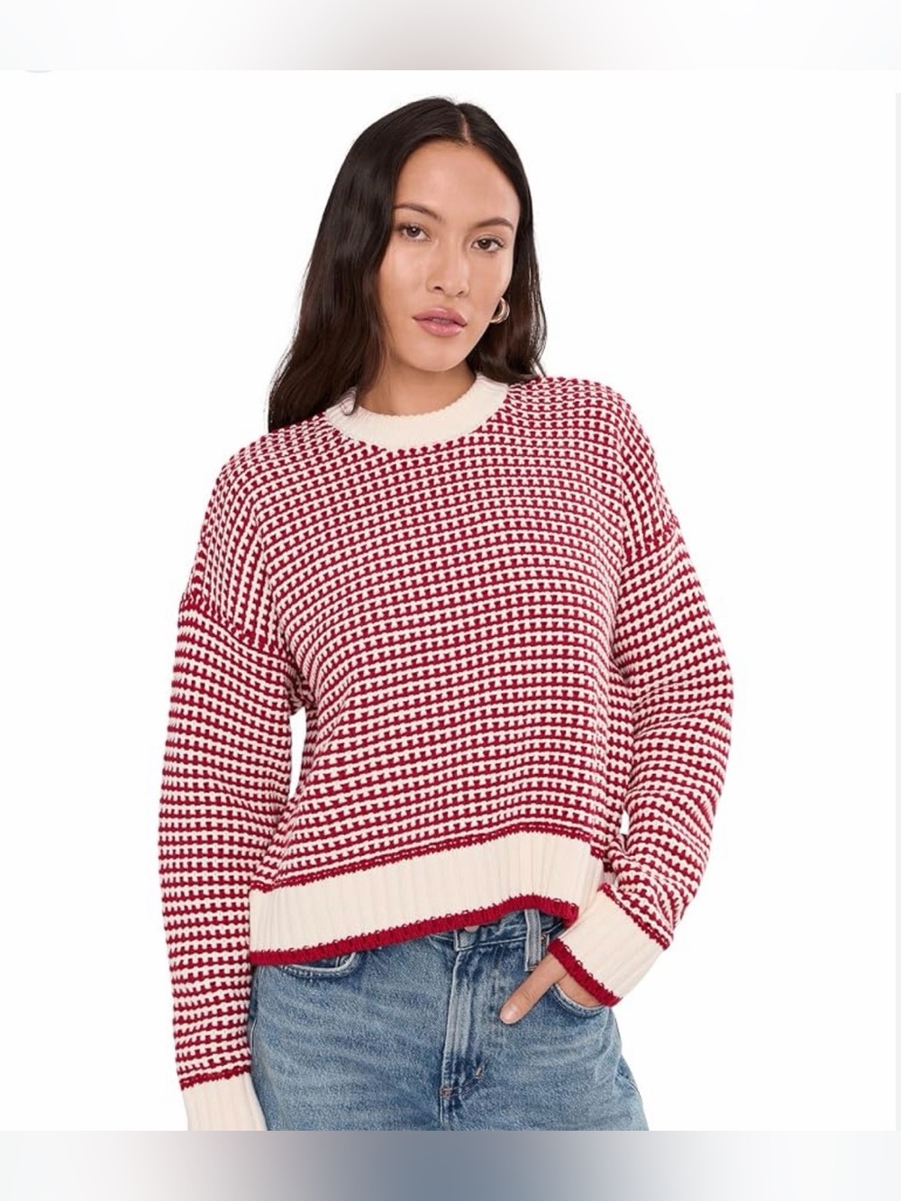 Madewell Crewneck Houndstooth Knit Sweater in Red and Cream